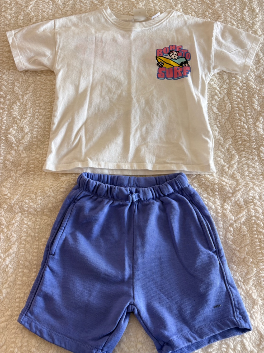 Zara White Tee with Purple Surf Graphic & Purple Shorts